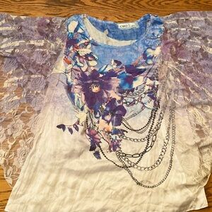 Cato purple flower shirt with lace butterfly wigs size S
